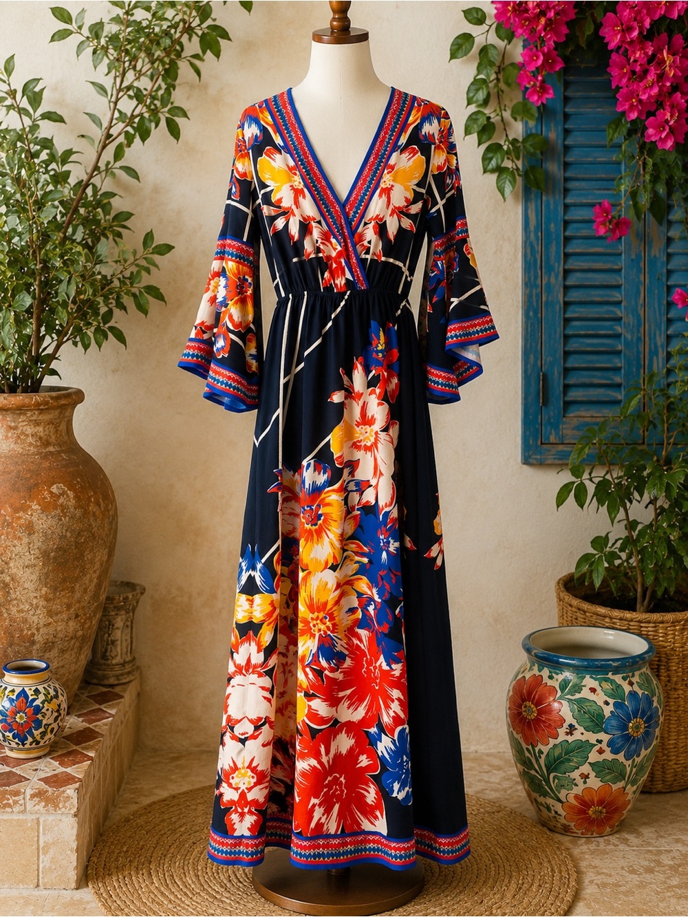 Flying Tomato XS Farm Rio Inspired Floral Kimono Faux Wrap Bell Sleeve MaxiDress